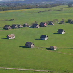 A tranquil countryside scene with sprawling green fields, small cozy houses, and a clear blue sky.