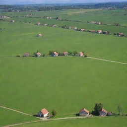 A tranquil countryside scene with sprawling green fields, small cozy houses, and a clear blue sky.