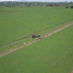 A bustling rural scene with numerous farmers diligently working in emerald green fields under the warm sun.