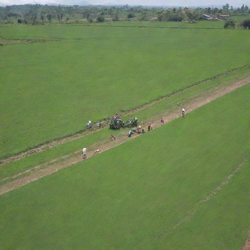 A bustling rural scene with numerous farmers diligently working in emerald green fields under the warm sun.
