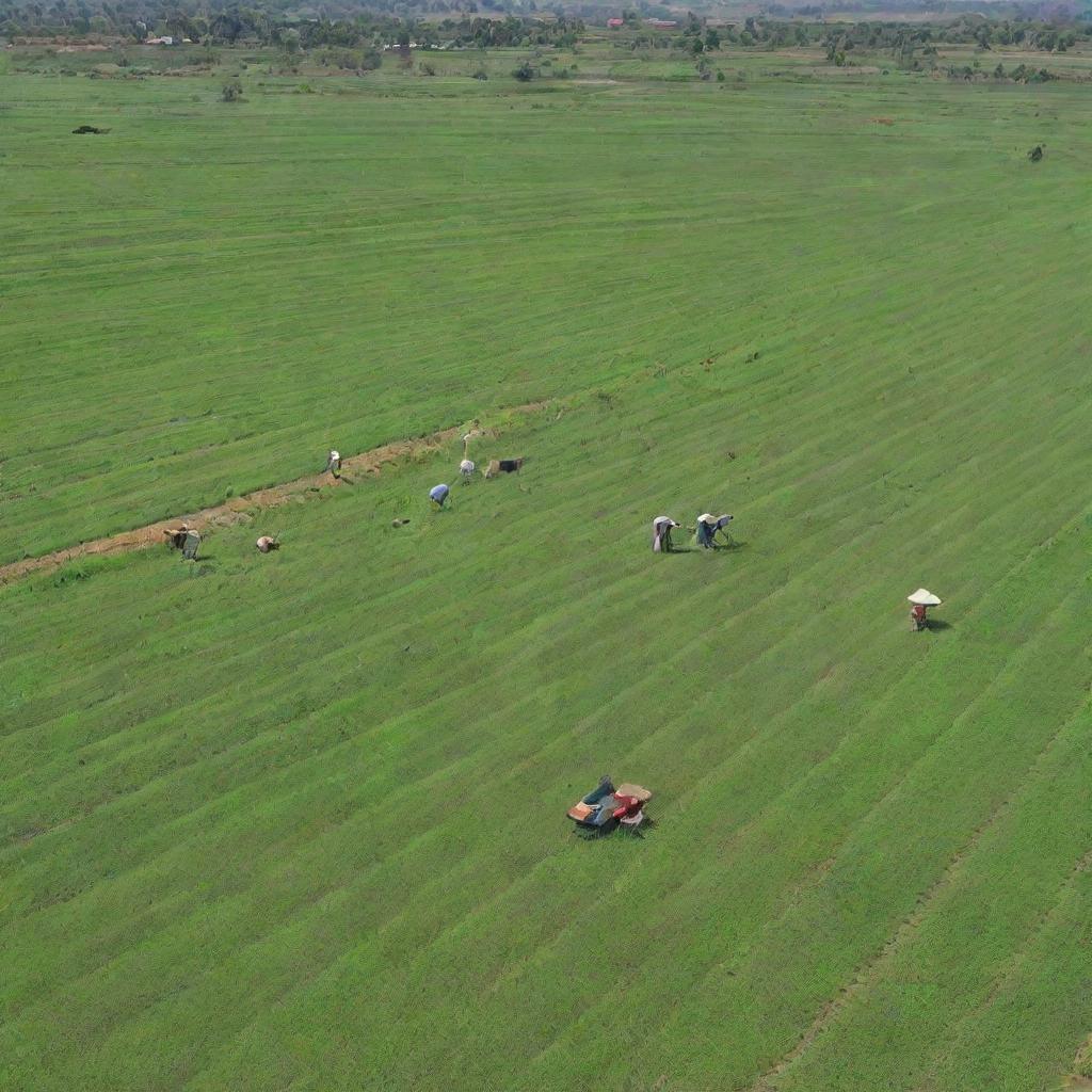 A bustling rural scene with numerous farmers diligently working in emerald green fields under the warm sun.