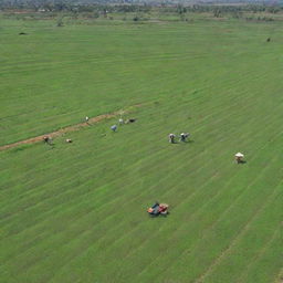 A bustling rural scene with numerous farmers diligently working in emerald green fields under the warm sun.