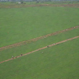 A bustling rural scene with numerous farmers diligently working in emerald green fields under the warm sun.