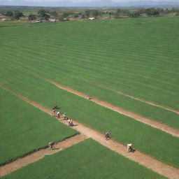 A bustling rural scene with numerous farmers diligently working in emerald green fields under the warm sun.