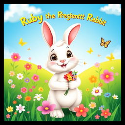 A cheerful, friendly rabbit named Ruby with soft white fur and big, kind eyes, standing upright and holding a small bouquet of colorful flowers, set against a vibrant, lush green meadow adorned with a variety of colorful flowers and fluttering butterflies