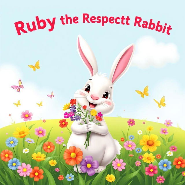 A cheerful, friendly rabbit named Ruby with soft white fur and big, kind eyes, standing upright and holding a small bouquet of colorful flowers, set against a vibrant, lush green meadow adorned with a variety of colorful flowers and fluttering butterflies