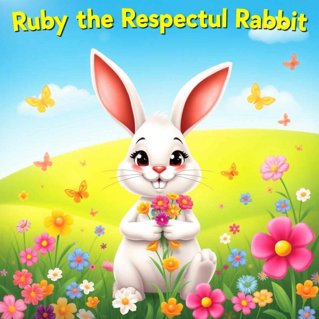 A cheerful, friendly rabbit named Ruby with soft white fur and big, kind eyes, standing upright and holding a small bouquet of colorful flowers, set against a vibrant, lush green meadow adorned with a variety of colorful flowers and fluttering butterflies