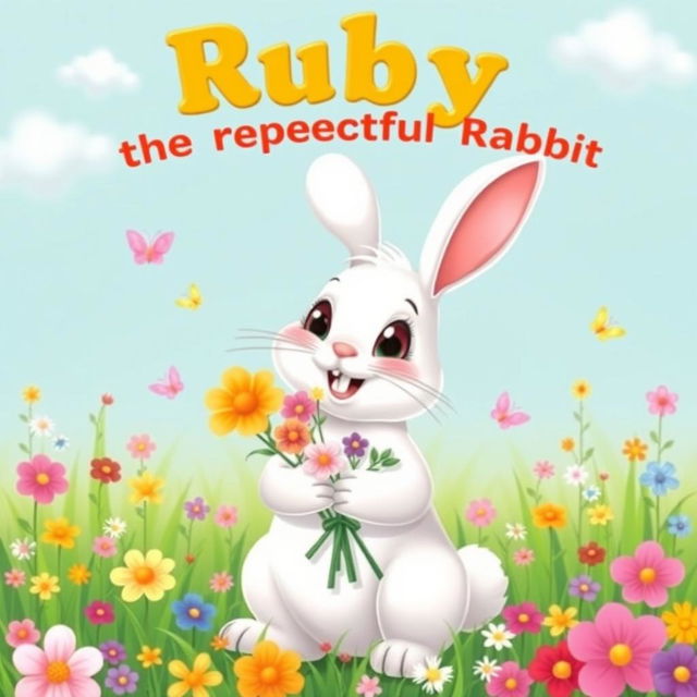 A cheerful, friendly rabbit named Ruby with soft white fur and big, kind eyes, standing upright and holding a small bouquet of colorful flowers in her paws