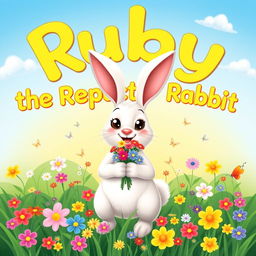 A cheerful, friendly rabbit named Ruby with soft white fur and big, kind eyes, standing upright and holding a small bouquet of colorful flowers in her paws