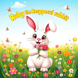 A cheerful, friendly rabbit named Ruby with soft white fur and big, kind eyes, standing upright and holding a small bouquet of colorful flowers in her paws