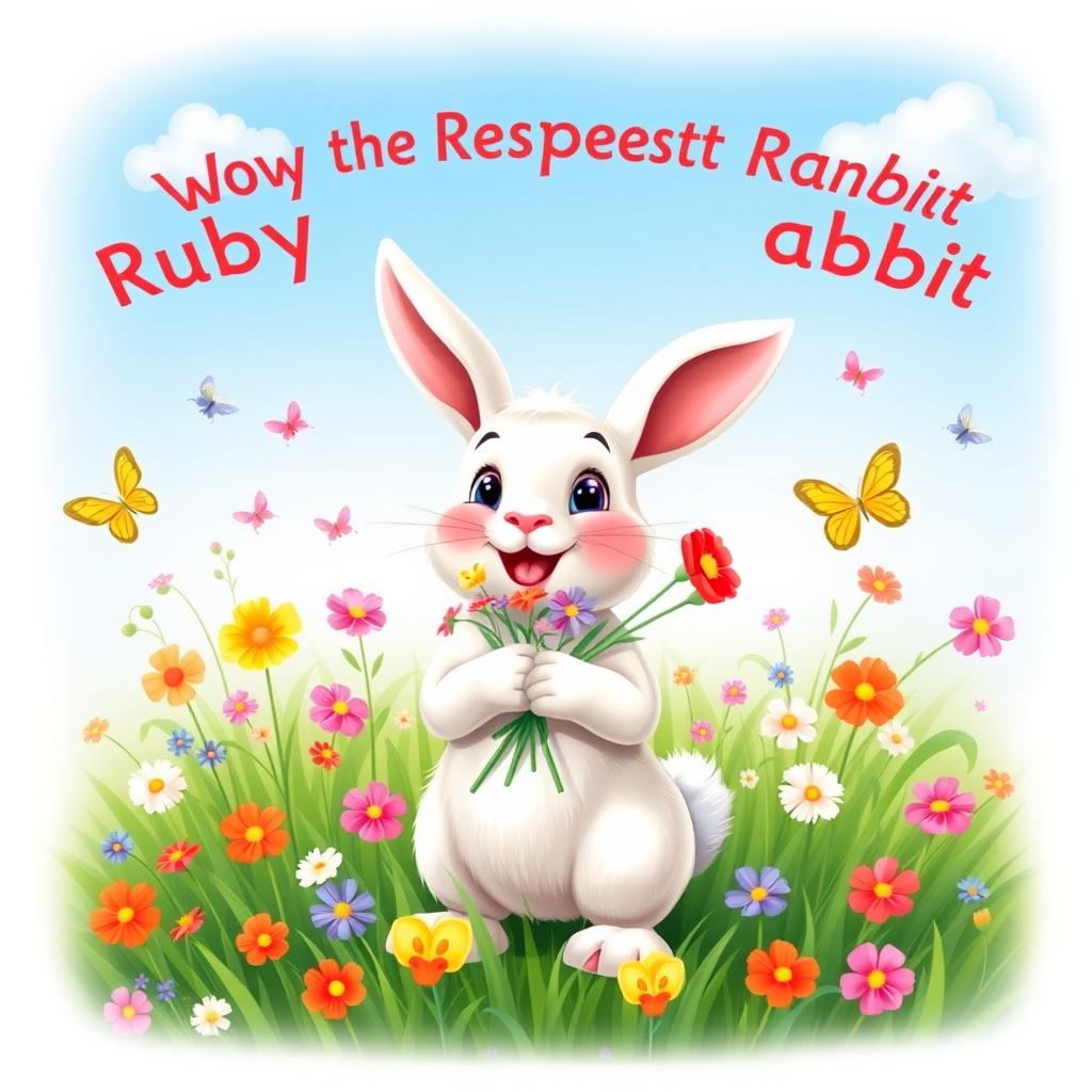 A cheerful, friendly rabbit named Ruby with soft white fur and big, kind eyes, standing upright and holding a small bouquet of colorful flowers in her paws