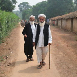 Update the rural scene with an elderly, wise looking ulama making his way into the village, drawing the respectful attention of the busy farmers.