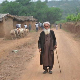 Update the rural scene with an elderly, wise looking ulama making his way into the village, drawing the respectful attention of the busy farmers.