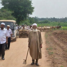 Update the rural scene with an elderly, wise looking ulama making his way into the village, drawing the respectful attention of the busy farmers.