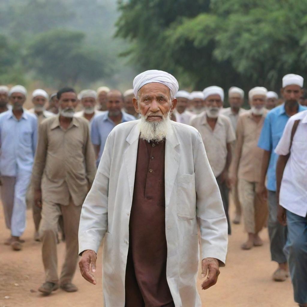 Update the rural scene with an elderly, wise looking ulama making his way into the village, drawing the respectful attention of the busy farmers.