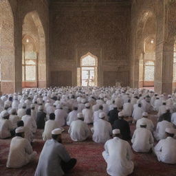 The elderly ulama, filled with wisdom, delivering a sermon with compassion and sincerity to all present in an ornate village mosque.