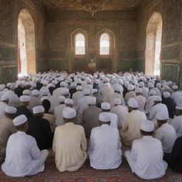 The elderly ulama, filled with wisdom, delivering a sermon with compassion and sincerity to all present in an ornate village mosque.