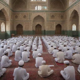 The elderly ulama, filled with wisdom, delivering a sermon with compassion and sincerity to all present in an ornate village mosque.