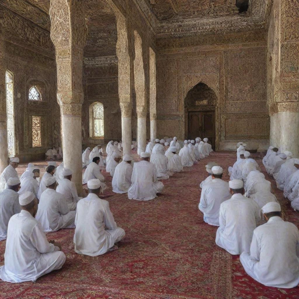 The elderly ulama, filled with wisdom, delivering a sermon with compassion and sincerity to all present in an ornate village mosque.