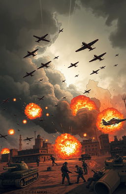 A dynamic illustration capturing a dramatic scene of conflict between Iran and Israel, with vivid warplanes flying in the sky, explosions lighting up a backdrop of urban landscapes