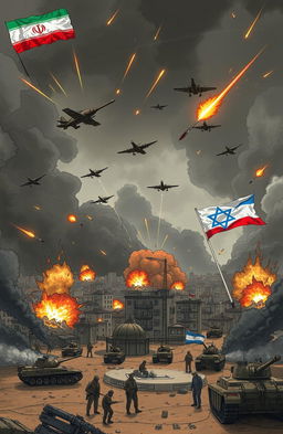 A dynamic illustration capturing a dramatic scene of conflict between Iran and Israel, with vivid warplanes flying in the sky, explosions lighting up a backdrop of urban landscapes