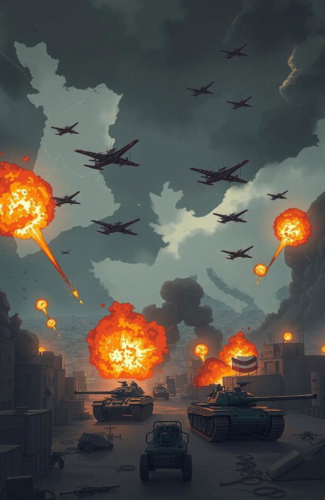 A dynamic illustration capturing a dramatic scene of conflict between Iran and Israel, with vivid warplanes flying in the sky, explosions lighting up a backdrop of urban landscapes