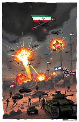 A dynamic illustration capturing a dramatic scene of conflict between Iran and Israel, with vivid warplanes flying in the sky, explosions lighting up a backdrop of urban landscapes