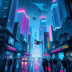 A striking cyberpunk cityscape at night, featuring towering skyscrapers adorned with bright neon lights in blue, pink, and green hues