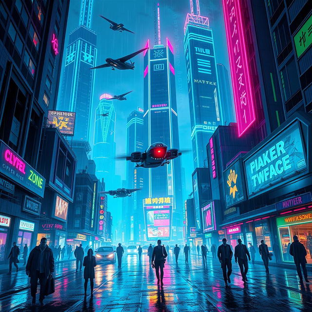 A striking cyberpunk cityscape at night, featuring towering skyscrapers adorned with bright neon lights in blue, pink, and green hues