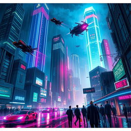 A striking cyberpunk cityscape at night, featuring towering skyscrapers adorned with bright neon lights in blue, pink, and green hues