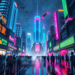 A striking cyberpunk cityscape at night, featuring towering skyscrapers adorned with bright neon lights in blue, pink, and green hues