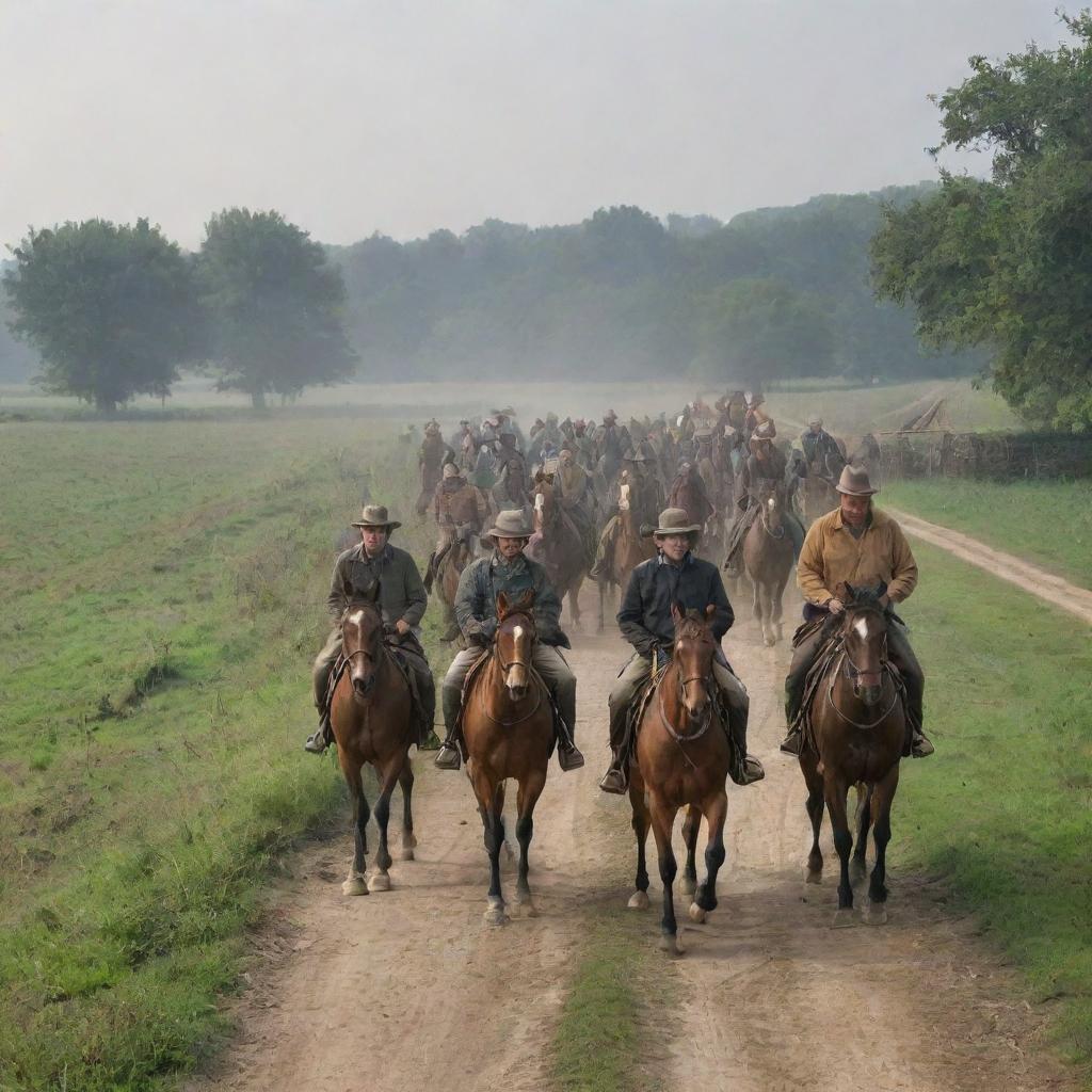 Abruptly, the peaceful rural scene shifts as a large party of horsemen approach the farming village, bringing an air of tension with their arrival.