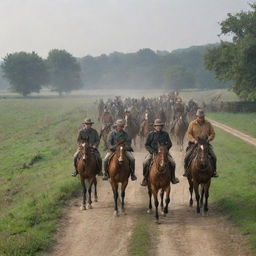 Abruptly, the peaceful rural scene shifts as a large party of horsemen approach the farming village, bringing an air of tension with their arrival.