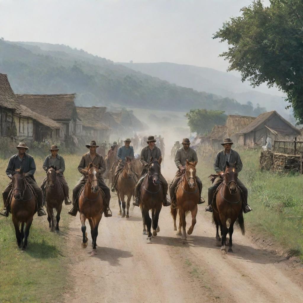 Abruptly, the peaceful rural scene shifts as a large party of horsemen approach the farming village, bringing an air of tension with their arrival.