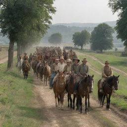 Abruptly, the peaceful rural scene shifts as a large party of horsemen approach the farming village, bringing an air of tension with their arrival.