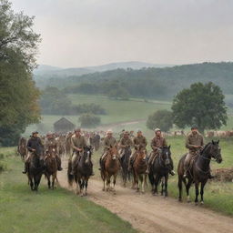 Abruptly, the peaceful rural scene shifts as a large party of horsemen approach the farming village, bringing an air of tension with their arrival.