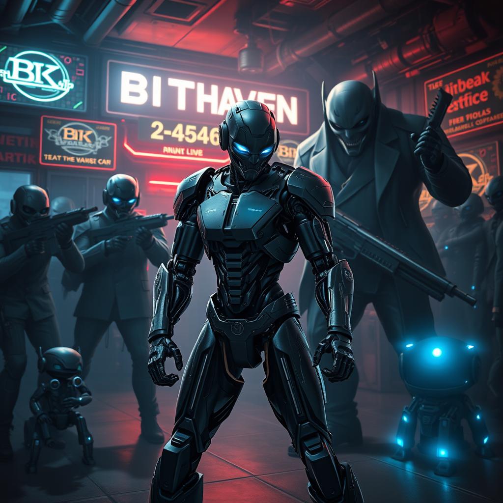 A dramatic and action-packed scene set in a futuristic underground nightclub named BitHaven