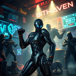 A dramatic and action-packed scene set in a futuristic underground nightclub named BitHaven