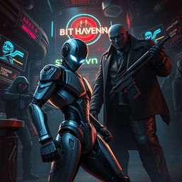 A dramatic and action-packed scene set in a futuristic underground nightclub named BitHaven