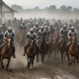 Suddenly, the scene dramatically changes as a mass of rapidly advancing horsemen storms into the peaceful farming village, causing a flurry of action.