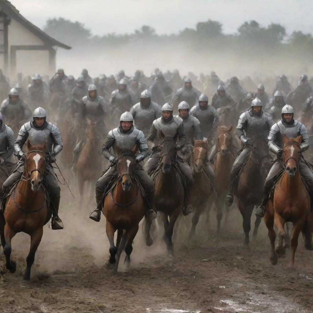 Suddenly, the scene dramatically changes as a mass of rapidly advancing horsemen storms into the peaceful farming village, causing a flurry of action.