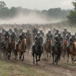 Suddenly, the scene dramatically changes as a mass of rapidly advancing horsemen storms into the peaceful farming village, causing a flurry of action.