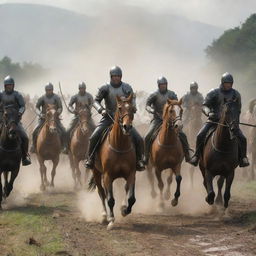 Suddenly, the scene dramatically changes as a mass of rapidly advancing horsemen storms into the peaceful farming village, causing a flurry of action.