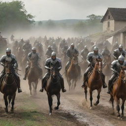 Suddenly, the scene dramatically changes as a mass of rapidly advancing horsemen storms into the peaceful farming village, causing a flurry of action.