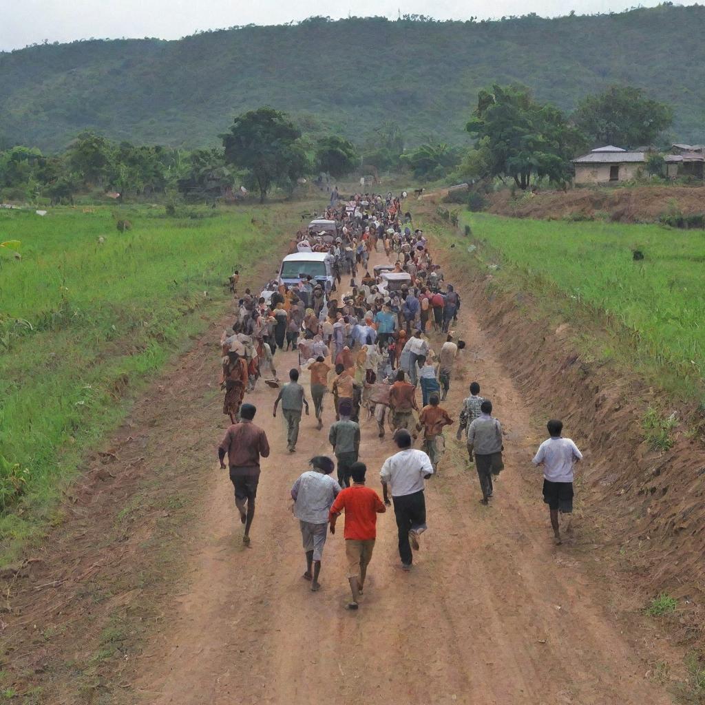 The peaceful rural scene suddenly filled with action, as the villagers begin to run in various directions in a state of panic.