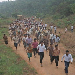 The peaceful rural scene suddenly filled with action, as the villagers begin to run in various directions in a state of panic.