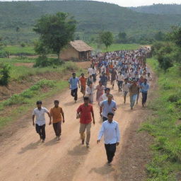 The peaceful rural scene suddenly filled with action, as the villagers begin to run in various directions in a state of panic.