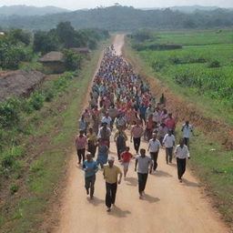 The peaceful rural scene suddenly filled with action, as the villagers begin to run in various directions in a state of panic.