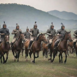 A group of horsemen, clad in their martial attire, deftly handling bows as they gallop towards the farming village, arrows nocked and ready.