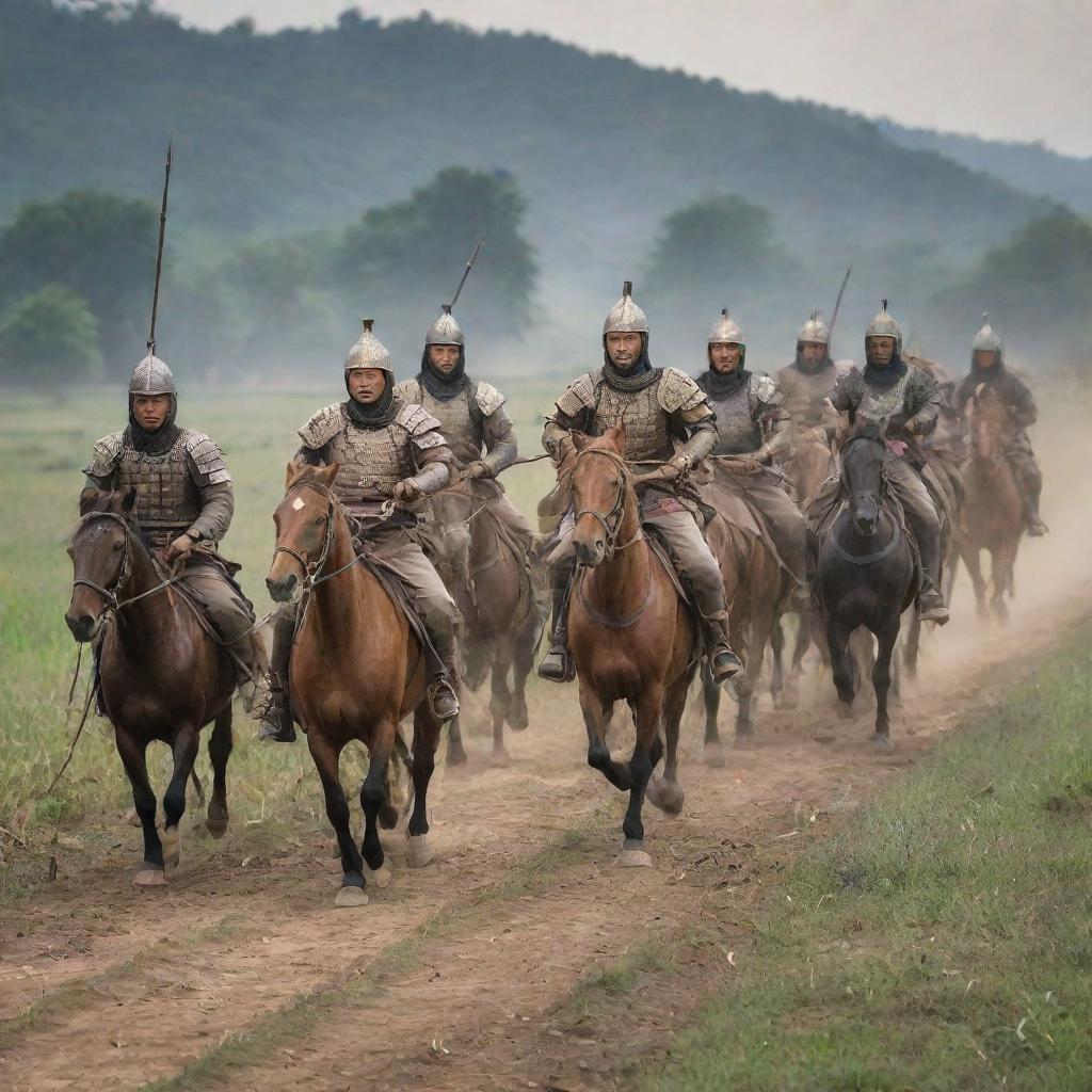 A group of horsemen, clad in their martial attire, deftly handling bows as they gallop towards the farming village, arrows nocked and ready.